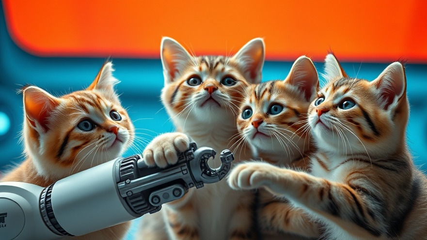 Cats exploring AI societal challenges with curiosity, illuminated in vibrant colors.