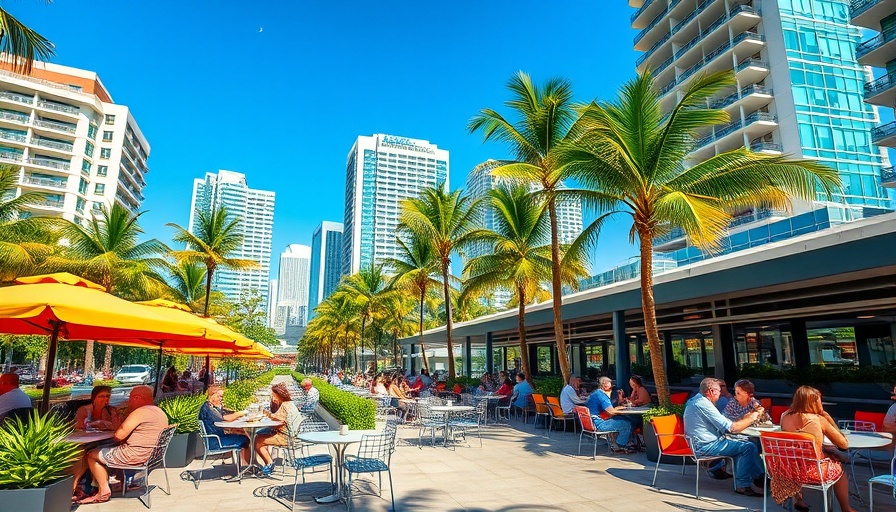 Vibrant Miami outdoor patio for alfresco dining with palm trees and skyscrapers.