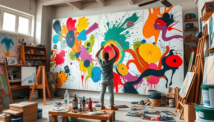 Artist creating abstract mural amid vibrant, art-filled studio.