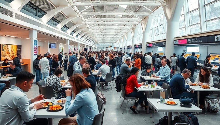 Miami International Airport dining options with diverse travelers eating in a modern setting.