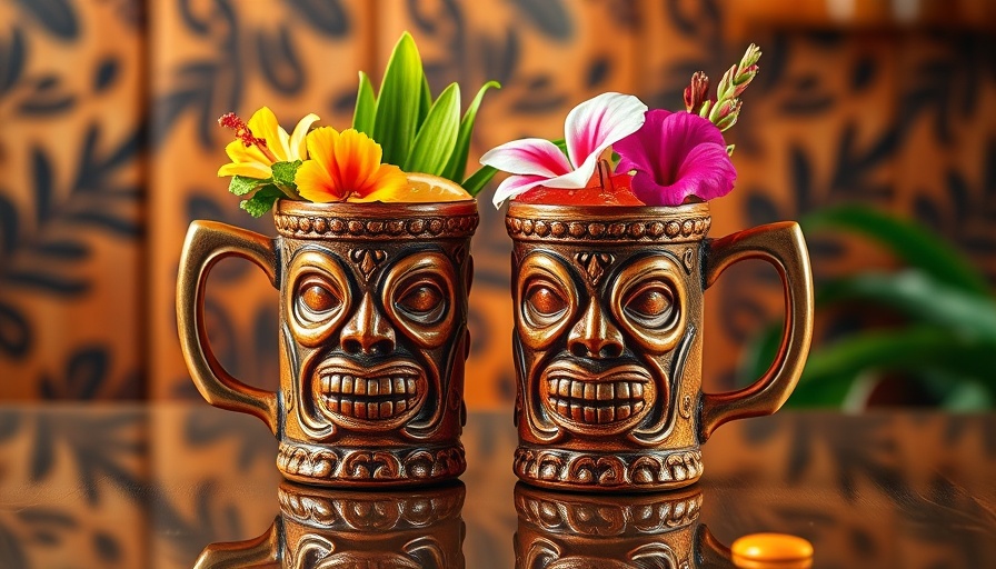 Intricately designed tiki cocktail mugs in Orlando bar