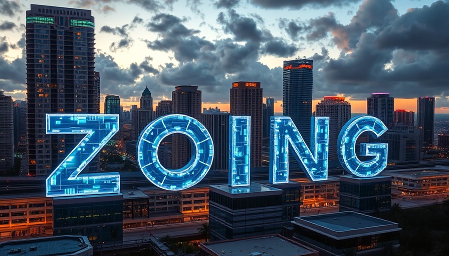 Futuristic cityscape with AI zoning letters in Miami.