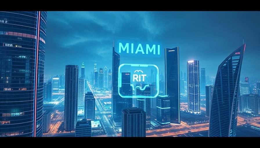 AI-driven urban planning in Miami with futuristic tech display.