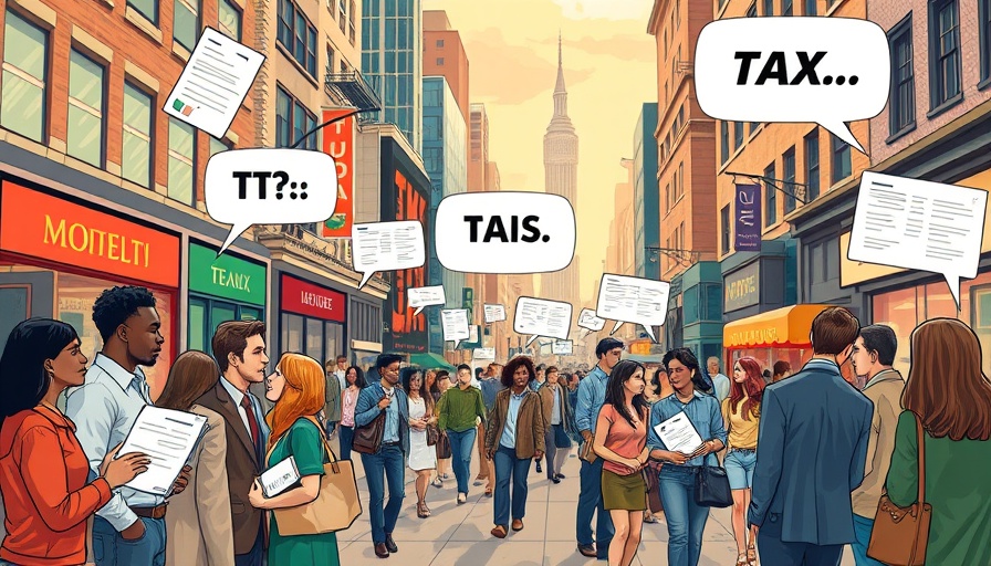 Tourists discussing taxes in abstract cityscape.