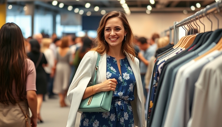 Fashionable woman at Stitch Lab 2025 fashion event smiling and browsing.