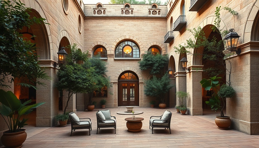 Elegant courtyard at Donatella Restaurant Miami with stone arches.