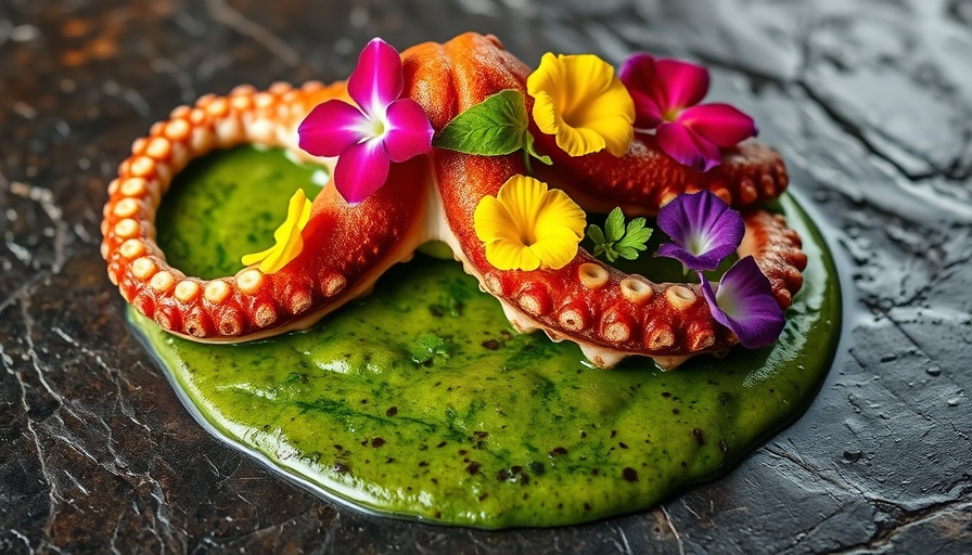 Gourmet dish at Miami's best restaurants, featuring vibrant flowers and octopus.