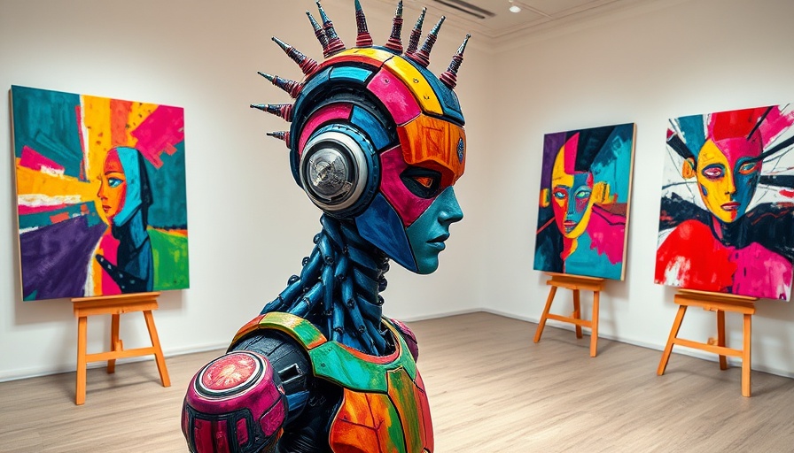 Vibrant abstract art depicting robotics and futurism, displayed in a gallery.