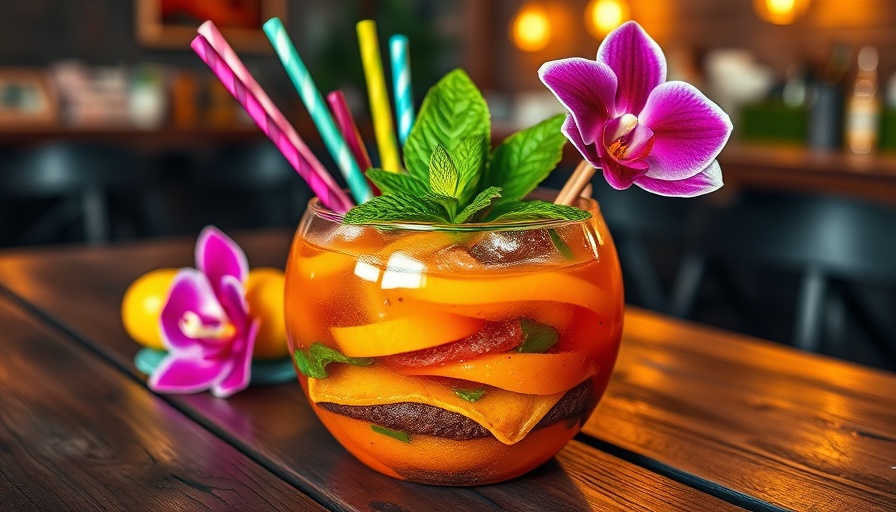 Colorful fishbowl cocktail in a burger-shaped container on a table.