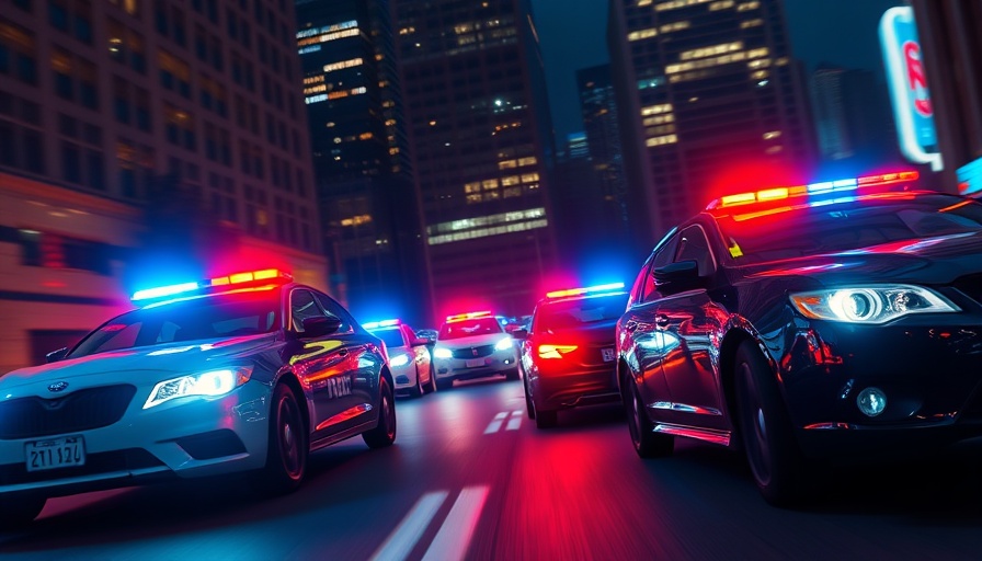 Police cars in pursuit on city street at night, Atlanta.