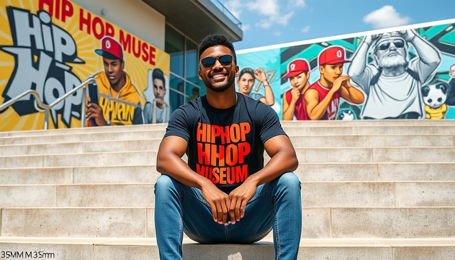 Man in Hip Hop Museum shirt sitting on museum steps.