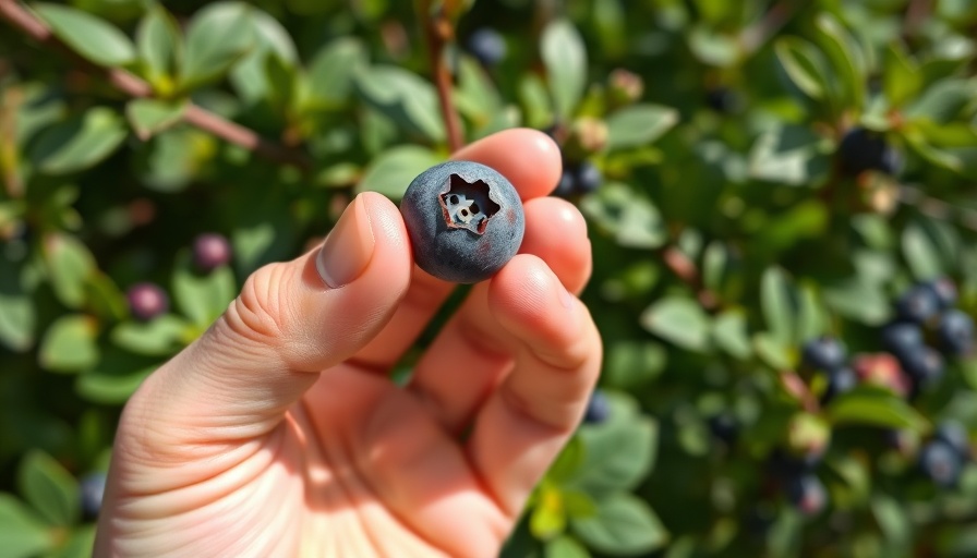 Person picking blueberry in lush green setting near Atlanta.