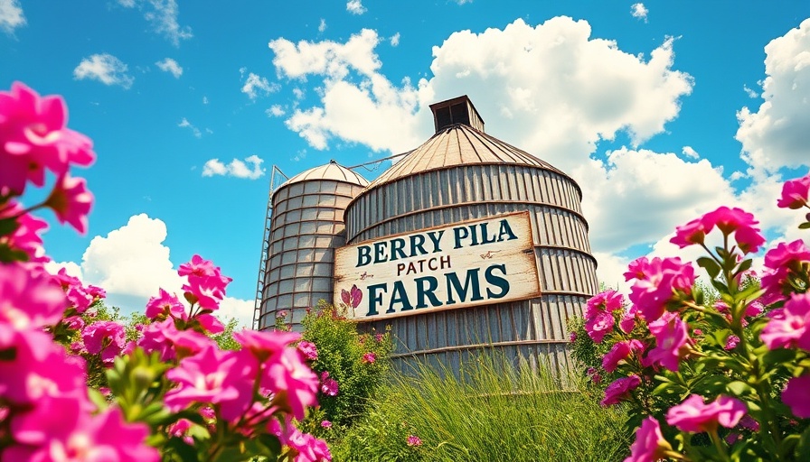 Berry Patch Farms rustic silo sign with pink flowers.