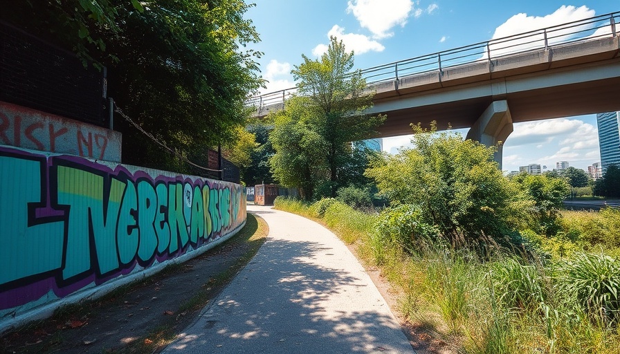 Sunny day on Atlanta Beltline Eastside Trail showing street art.