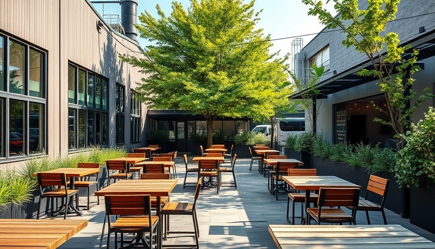 Outdoor seating area at New Realm Brewing Atlanta with trees.