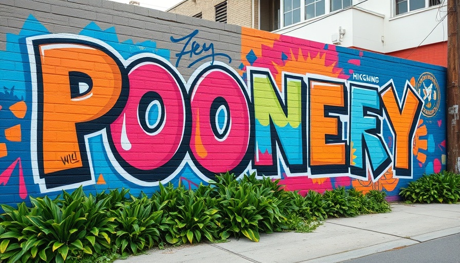Poncey Highland mural in bold colors against a brick wall.