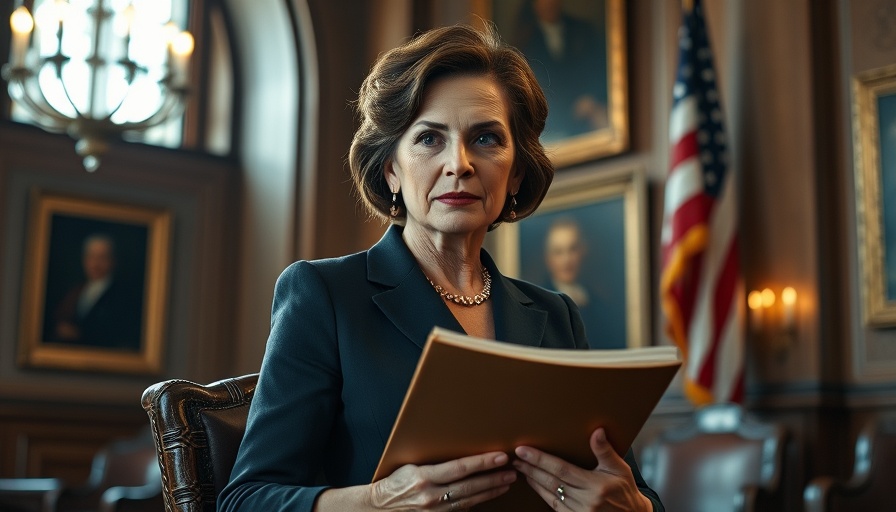 Elegant woman seated, holding a folder, in a formal setting with American flag.