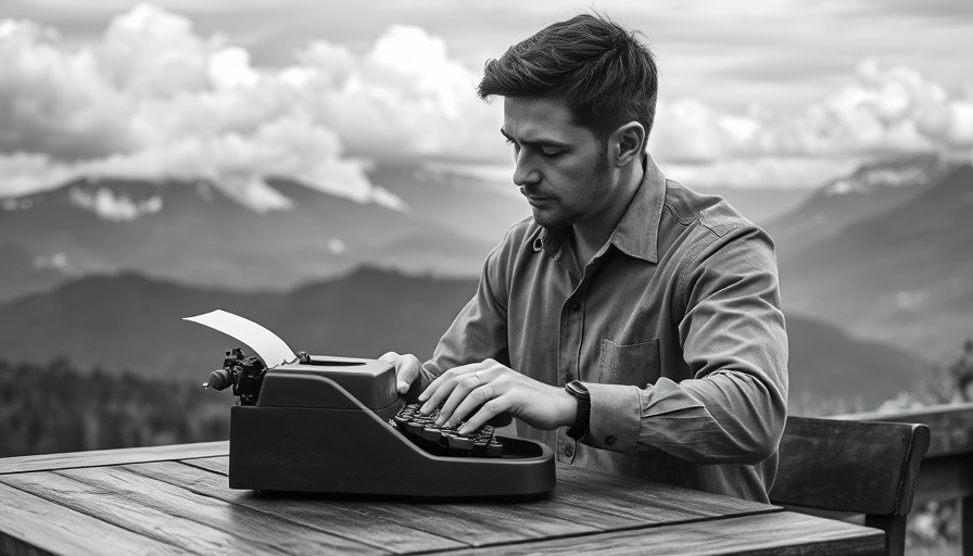 Vintage photo of man typing outdoors under a cloudy sky, reminiscent of Georgia Bulldogs era with Hemingway touch