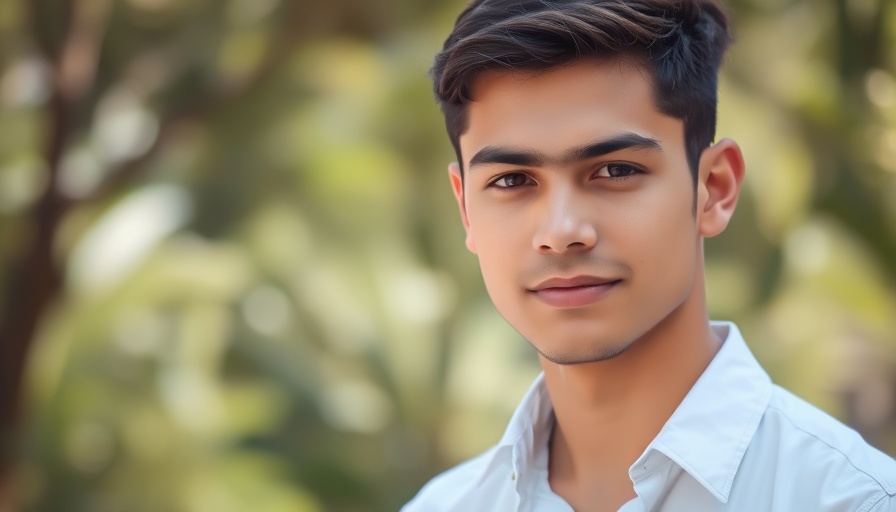 Young man outdoors with a calm expression, background of nature.