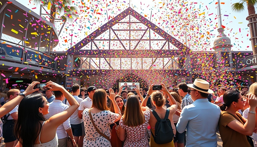 Universal's Epic Universe entrance with colorful confetti celebration.