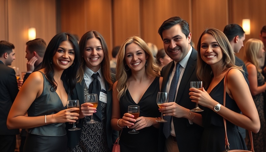 Elegant group at formal event smiling in evening attire.