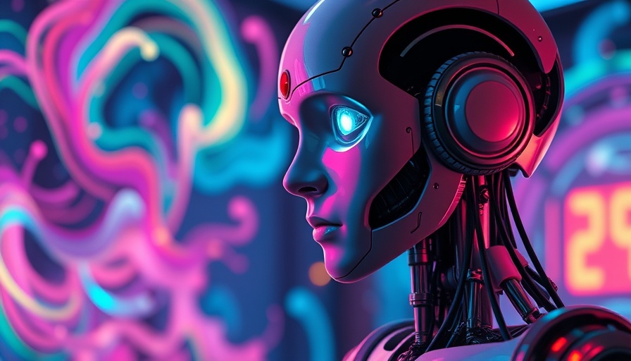Futuristic AI robot interact with emotions in swirling color space.