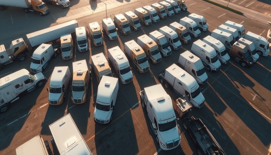 Aerial view of semi-trucks in a parking lot under soft sunlight.