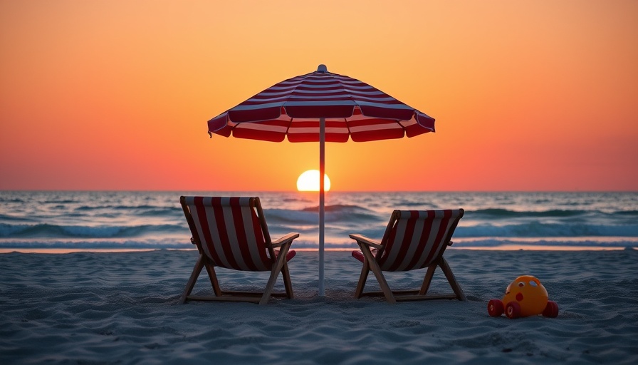 Peaceful beach scene during sunset with chairs and toys, realistic 3D scene generation.