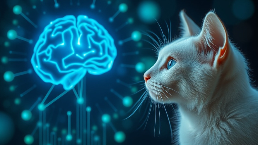 A white cat curiously gazes at a holographic AI brain, symbolizing AI fundamentals.