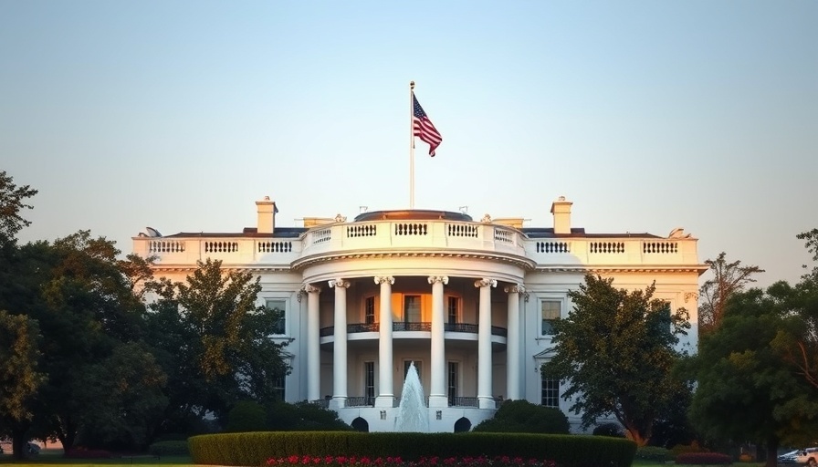 Morning view of the White House with American flag and blue sky.