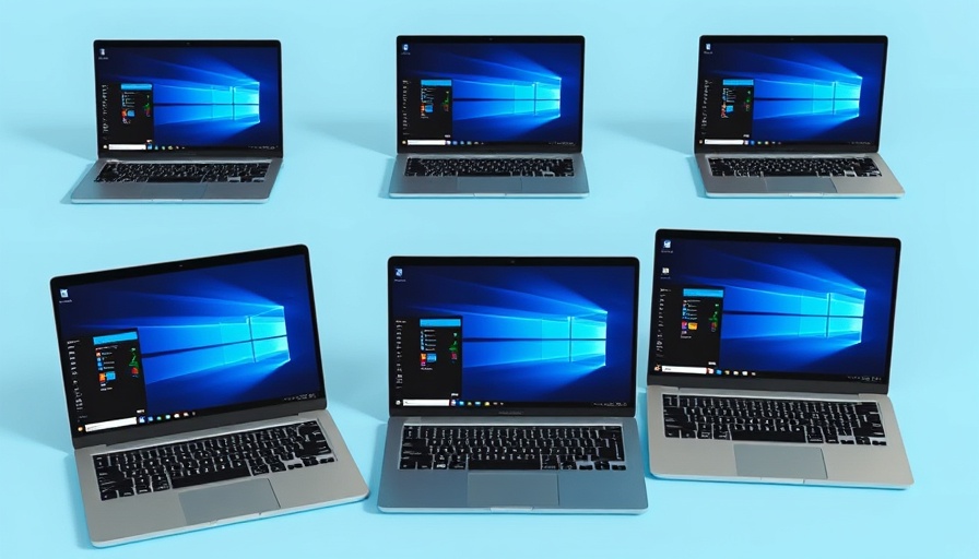 Series of laptops showcasing Windows 11 on a blue surface, highlighting migration.