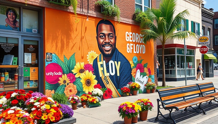 Street memorial for George Floyd with mural and flowers at Unity Foods.