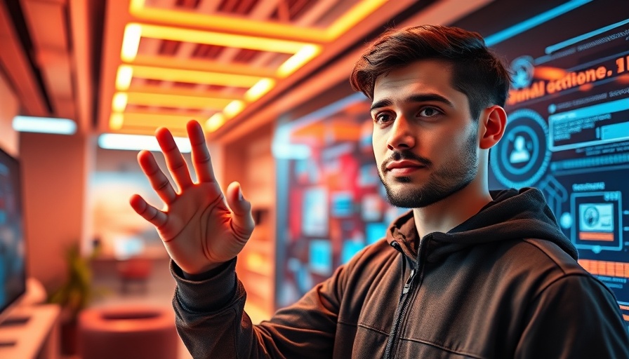 Young man pointing at AI interface highlighting AI creativity.