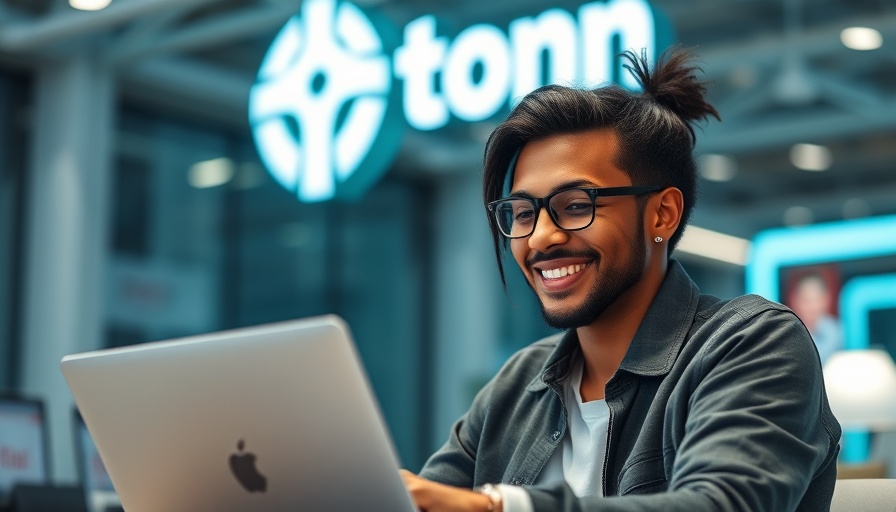AI creativity in tech environment with smiling individual using laptop