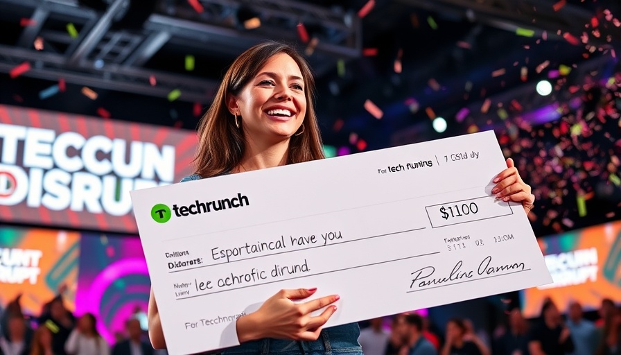Winner at Startup Battlefield 200 holding a large check on stage.