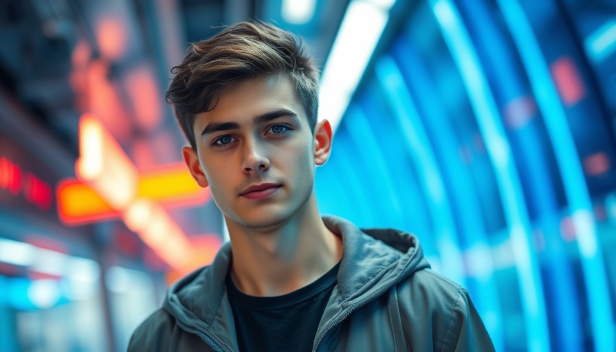 AI societal challenges depicted through a futuristic blue-lit setting with a confident individual.