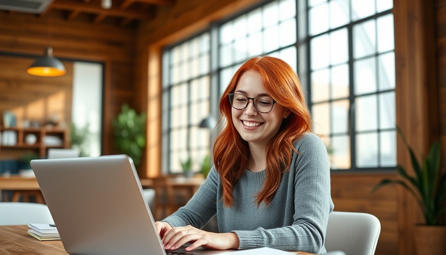 Cheerful young woman working on a laptop in a modern office exploring AI societal challenges.