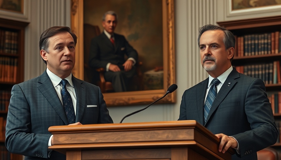 Two men at podium addressing audience in formal setting.