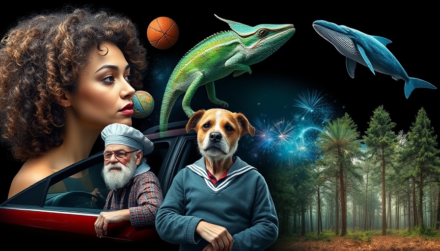 Collage exploring AI advancements in creativity across diverse themes.