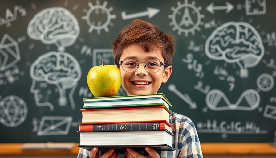 Young student holding books in classroom with brain and formulas on chalkboard. AI surveillance in schools.