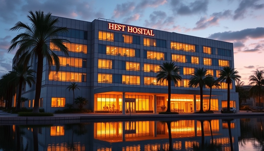 Modern hospital exterior at dusk with AI in healthcare.