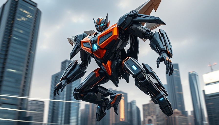 Advanced transforming robot mid-air, urban skyline, futuristic.