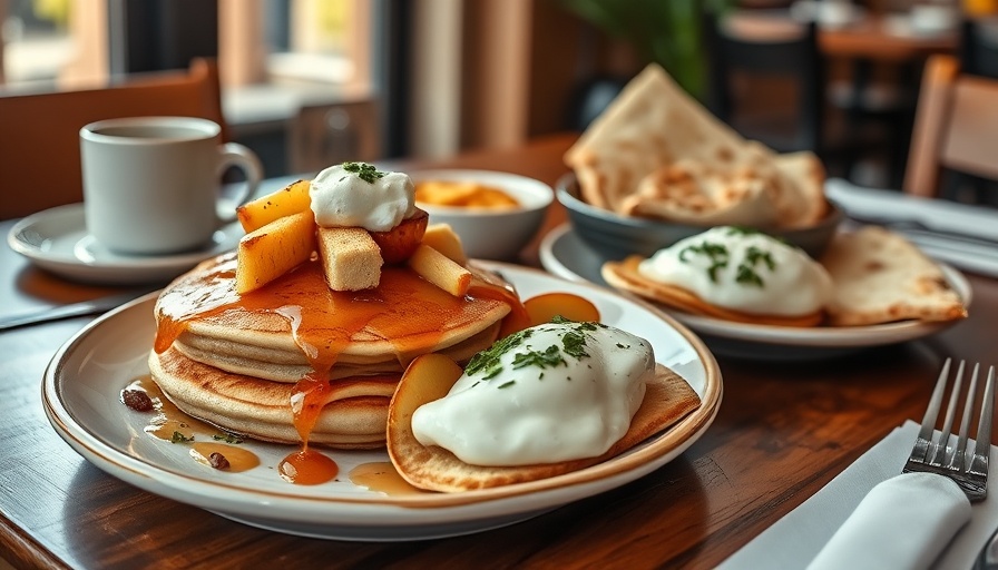 Best Atlanta Restaurants For Breakfast: Tasty breakfast spread with pancakes, eggs, and pita.
