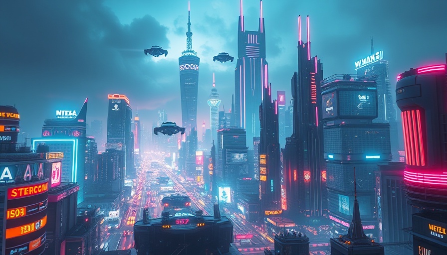 Futuristic city skyline with glowing neon lights illustrating future technology.