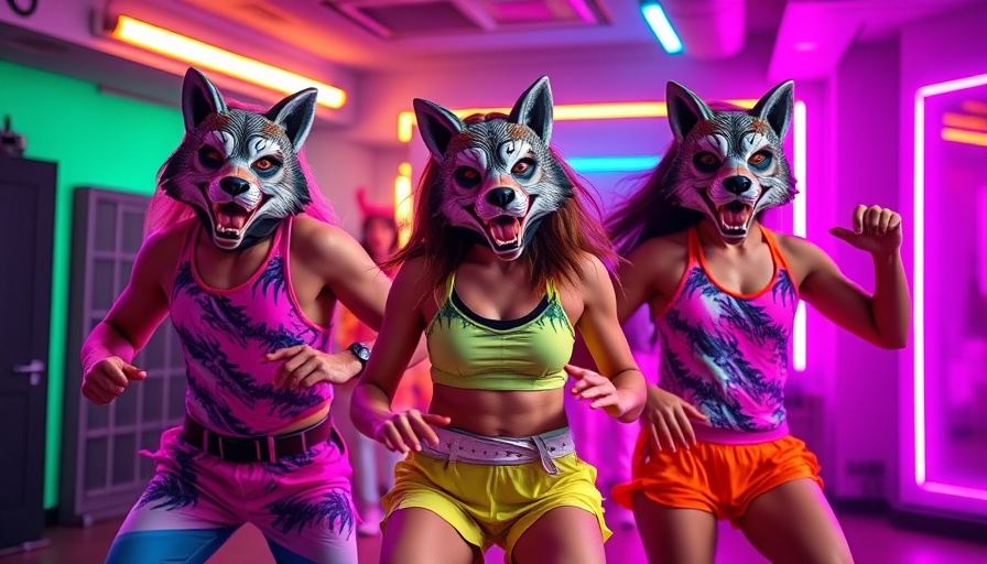 Three people in colorful wolf masks dancing, AI video generation realism.