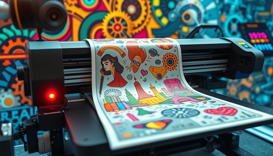 Futuristic digital printer with AI-powered technology displaying creative illustrations.
