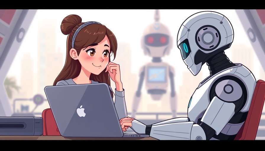 AI society impact illustration with woman and robot engaging over a laptop.
