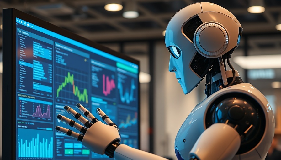 Futuristic robot analyzing data in modern office, highlighting AI in politics.
