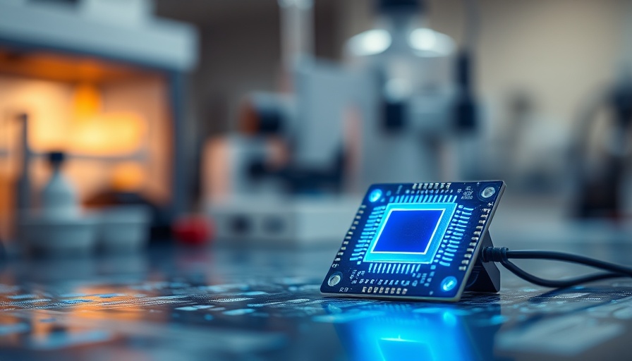 Glowing blue microchip in a futuristic lab setting, semiconductor design.