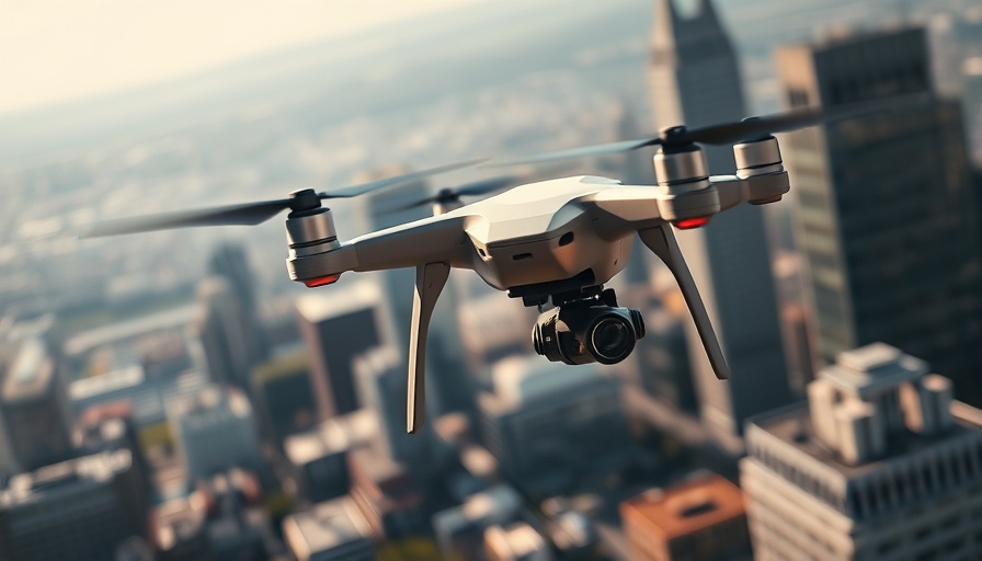 Drone delivering food in North Carolina cityscape.